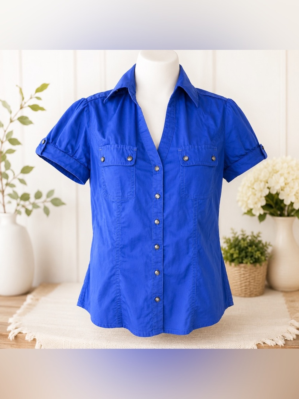 Express Design Studio Women’s Button-Front Blouse – XS – Cobalt Blue